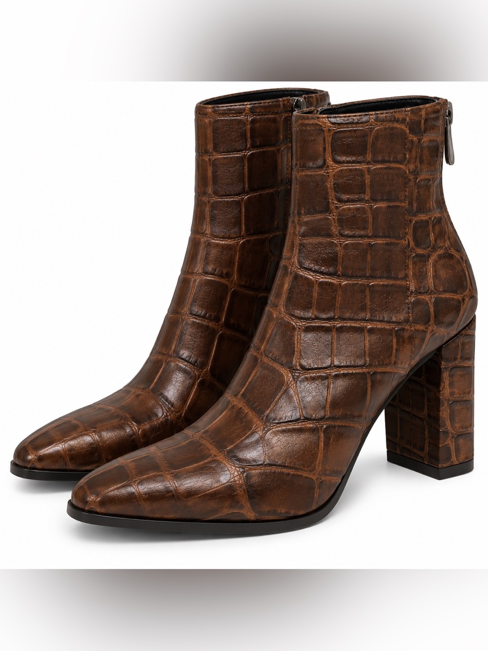 Brown Croc-Embossed Leather Ankle Boots - Women's FLORSHEIM 6
